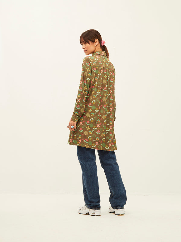 Green Flower Garden Shirt Dress