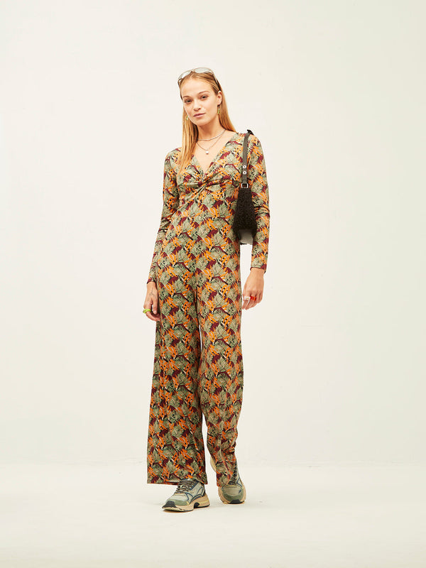 Gray Wild Leaves Knot Jumpsuit