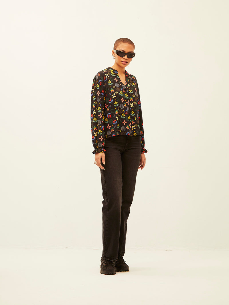 Camisa Volante Muñeca Black Flower Garden