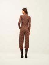 Brown Geometric Lines Shirt Collar Jumpsuit