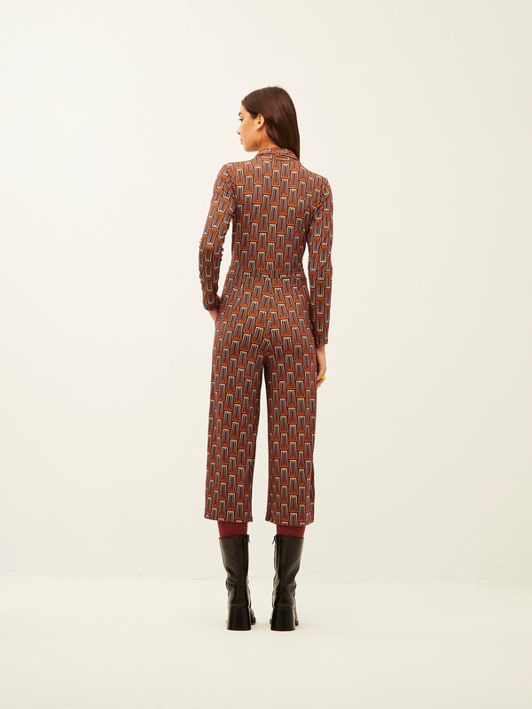 Brown Geometric Lines Shirt Collar Jumpsuit