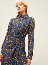 Blue Leopard Ruched Shirt Dress