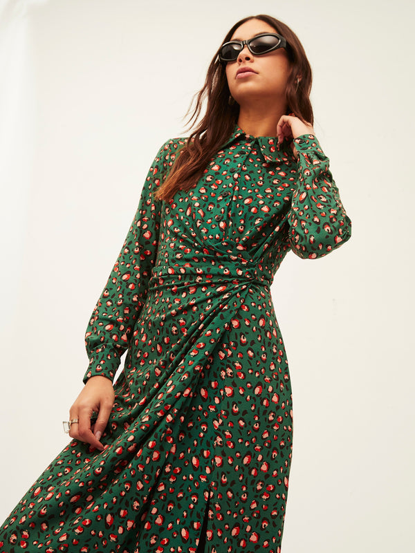 Green Leopard Ruched Shirt Dress