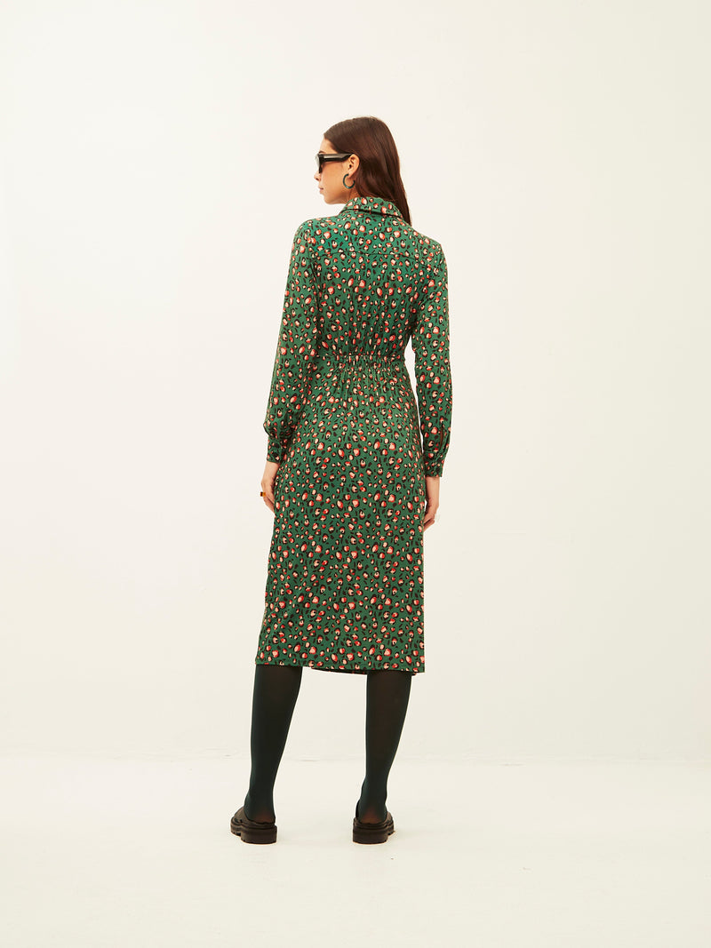 Green Leopard Ruched Shirt Dress