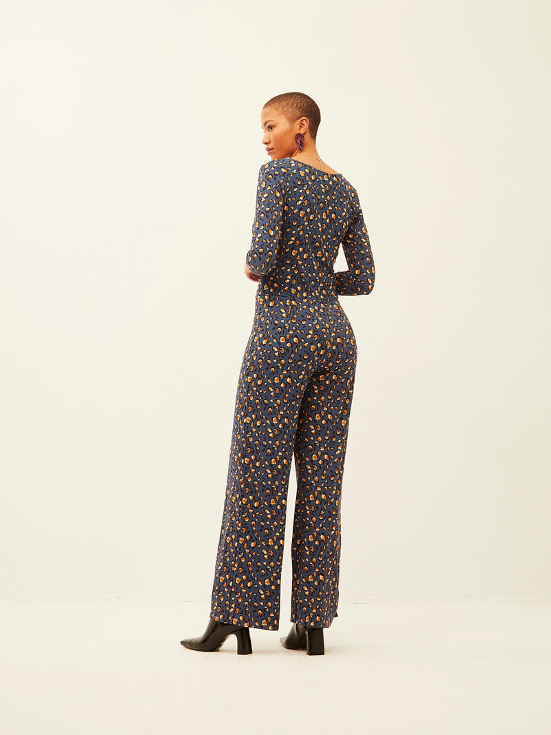 Blue Leopard Ruched V-Neck Jumpsuit